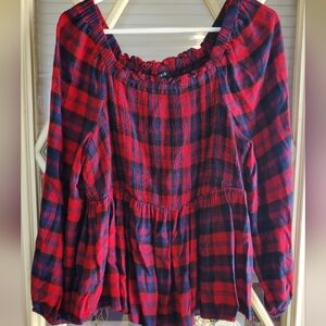 Torrid Red and Black Plaid Blouse, Off The Shoulder, 2